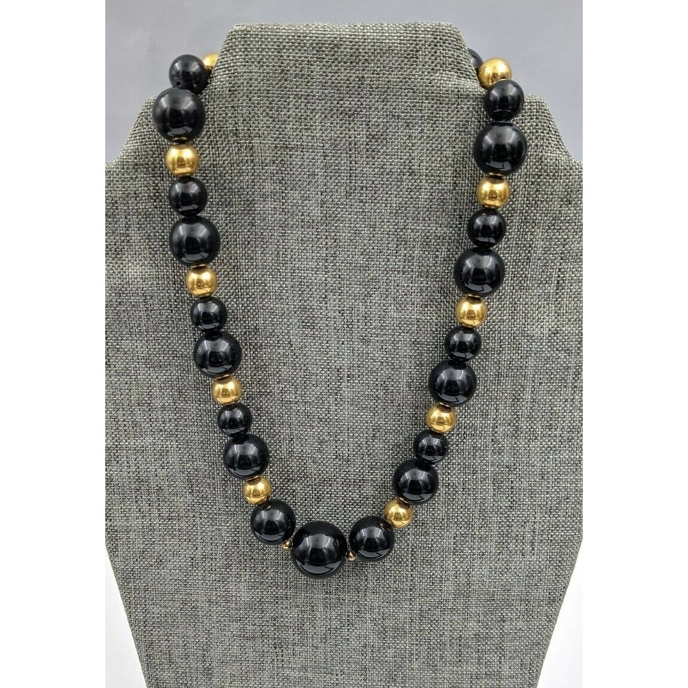 Vintage Monet Black Gold Beaded Necklace Signed